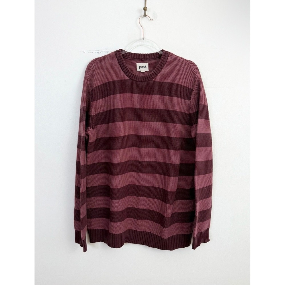 Pact Men's Organic Cotton Striped Crewneck Sweater Burgundy Mauve XL